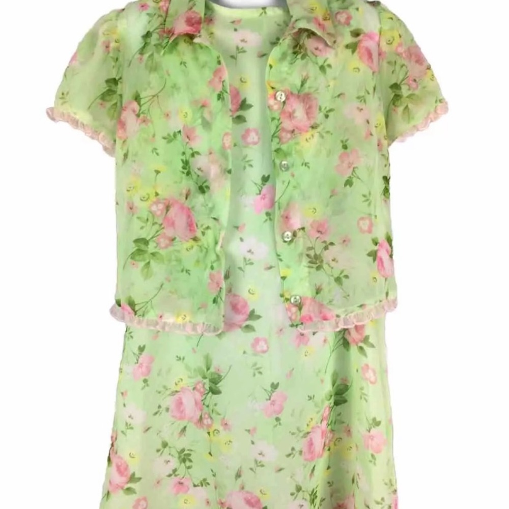Hartstrings Girls Green and Pink Floral Dress and Jacket Size 6 / 6X